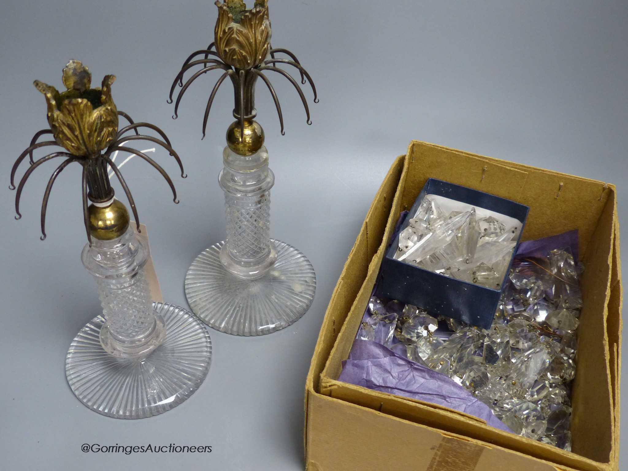 A pair of 19th century glass table lustres and associated glass drops